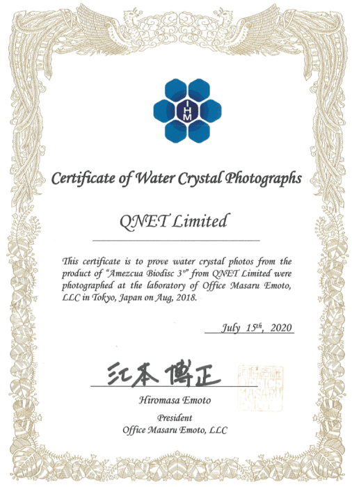 Certificate of Water Crystal Photographs